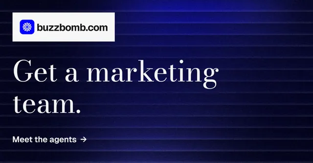 Social ad for BuzzBomb: "Get a marketing team." Minimal luxury style, announce layout, dark palette in black, blue, grey.