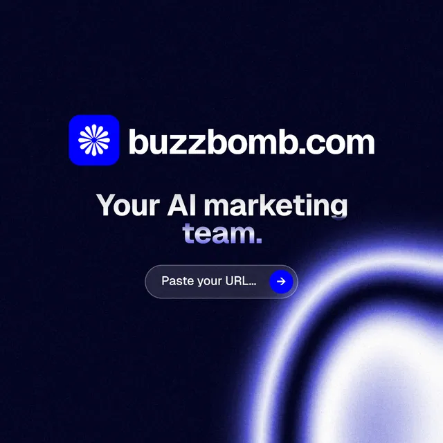 Instagram post for BuzzBomb: "Your AI marketing team." Agentic glass style, logo hero layout, dark palette in black, blue.