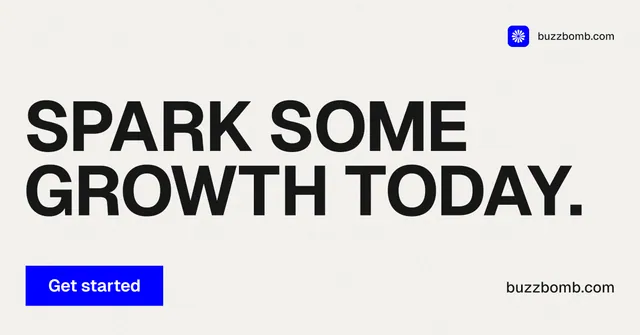 Social ad for BuzzBomb: "Spark some growth today." Swiss style, poster layout, light palette in white, grey.