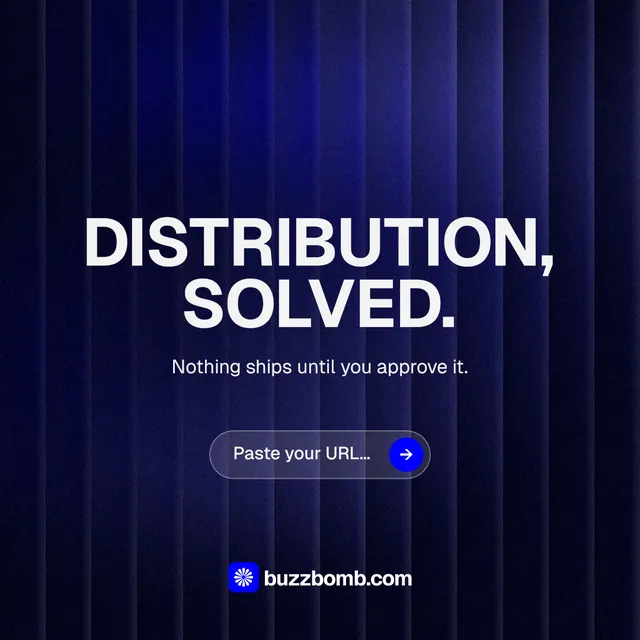 Instagram post for BuzzBomb: "Distribution, solved." Agentic glass style, centred layout, dark palette in black, blue, grey.