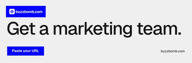 X header for BuzzBomb: "Get a marketing team." Swiss style, poster layout, light palette in white, blue.