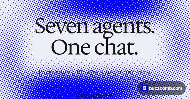 Social ad for BuzzBomb: "Seven agents. One chat." Swiss style, smallcaps layout, light palette in blue, white.