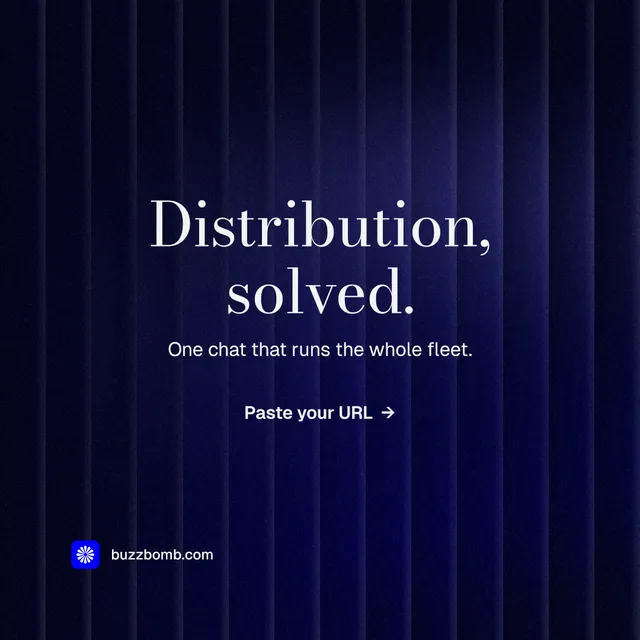Instagram post for BuzzBomb: "Distribution, solved." Minimal luxury style, centred layout, dark palette in black, blue.