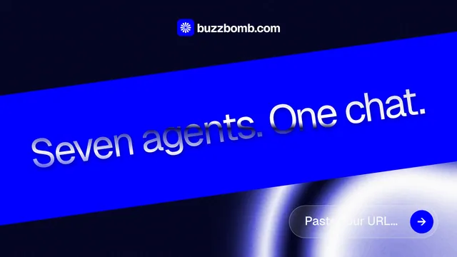 Landscape graphic for BuzzBomb: "Seven agents. One chat." Agentic glass style, diagonal layout, dark palette in blue, black.