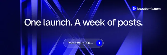 X header for BuzzBomb: "One launch. A week of posts." Agentic glass style, centred layout, dark palette in black, blue.
