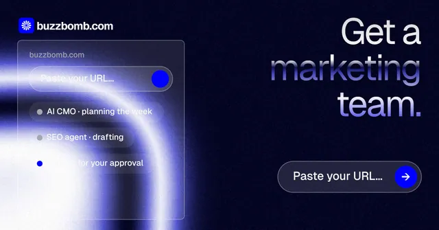 Social ad for BuzzBomb: "Get a marketing team." Agentic glass style, right layout, dark palette in black, blue.