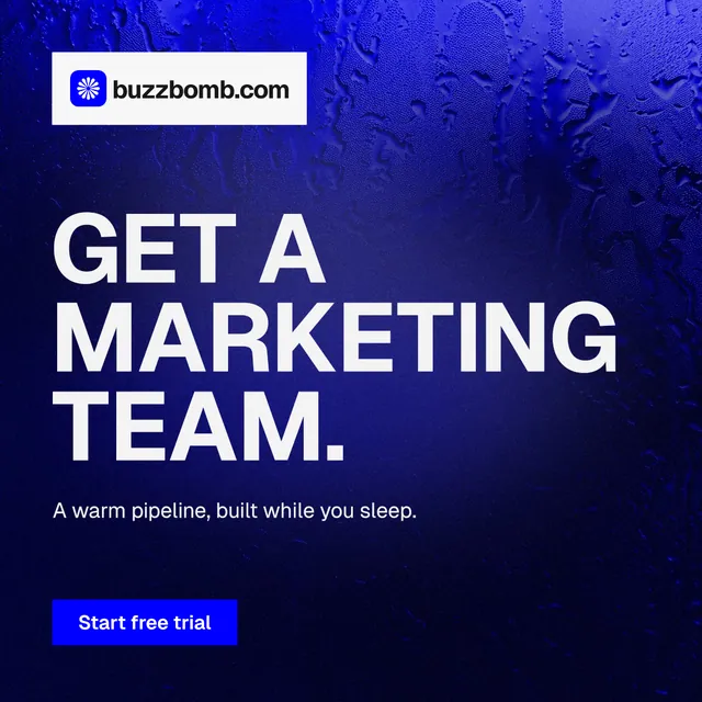 Instagram post for BuzzBomb: "Get a marketing team." Swiss style, announce layout, dark palette in black, blue, grey.