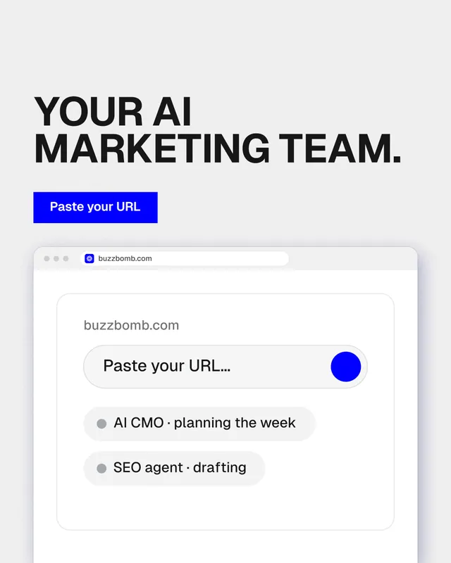 Instagram portrait post for BuzzBomb: "Your AI marketing team." Swiss style, browser layout, light palette in white.