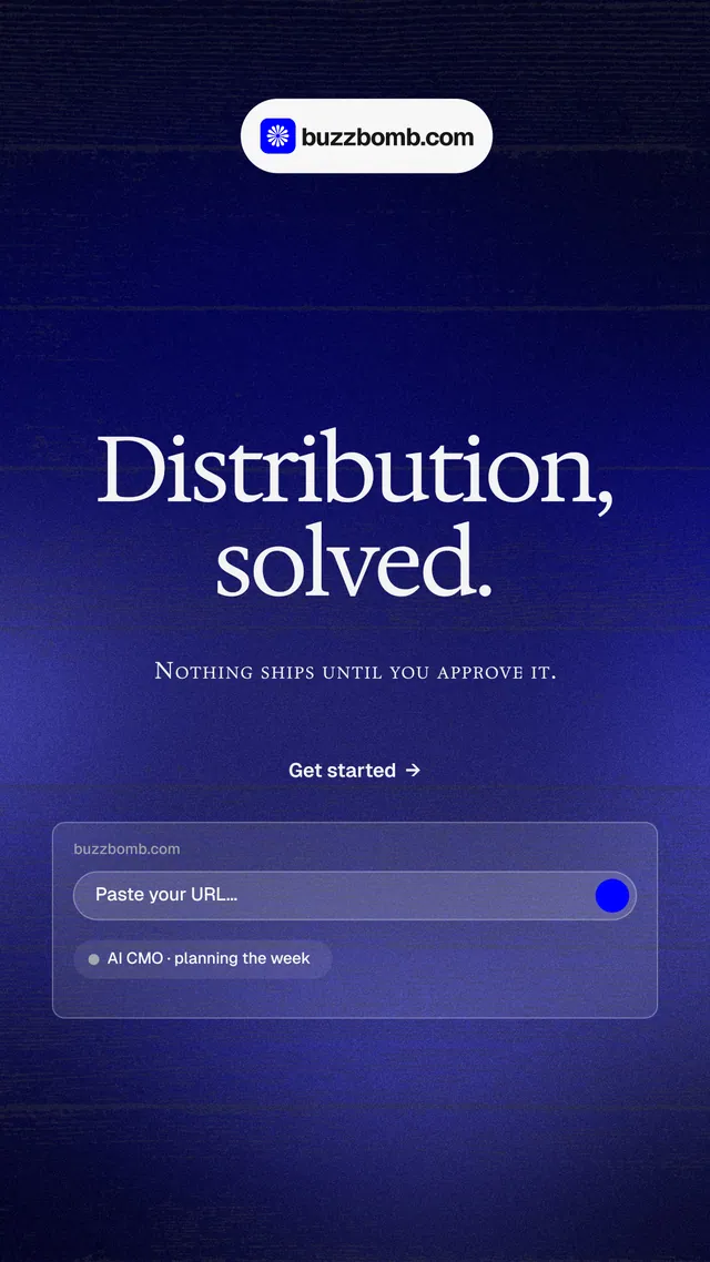 Instagram story for BuzzBomb: "Distribution, solved." Agentic glass style, smallcaps layout, dark palette in black, blue.