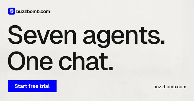 Social ad for BuzzBomb: "Seven agents. One chat." Swiss style, poster layout, light palette in white, grey.