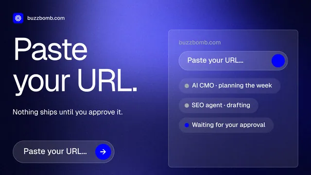 Landscape graphic for BuzzBomb: "Paste your URL." Agentic glass style, bottom layout, dark palette in blue.