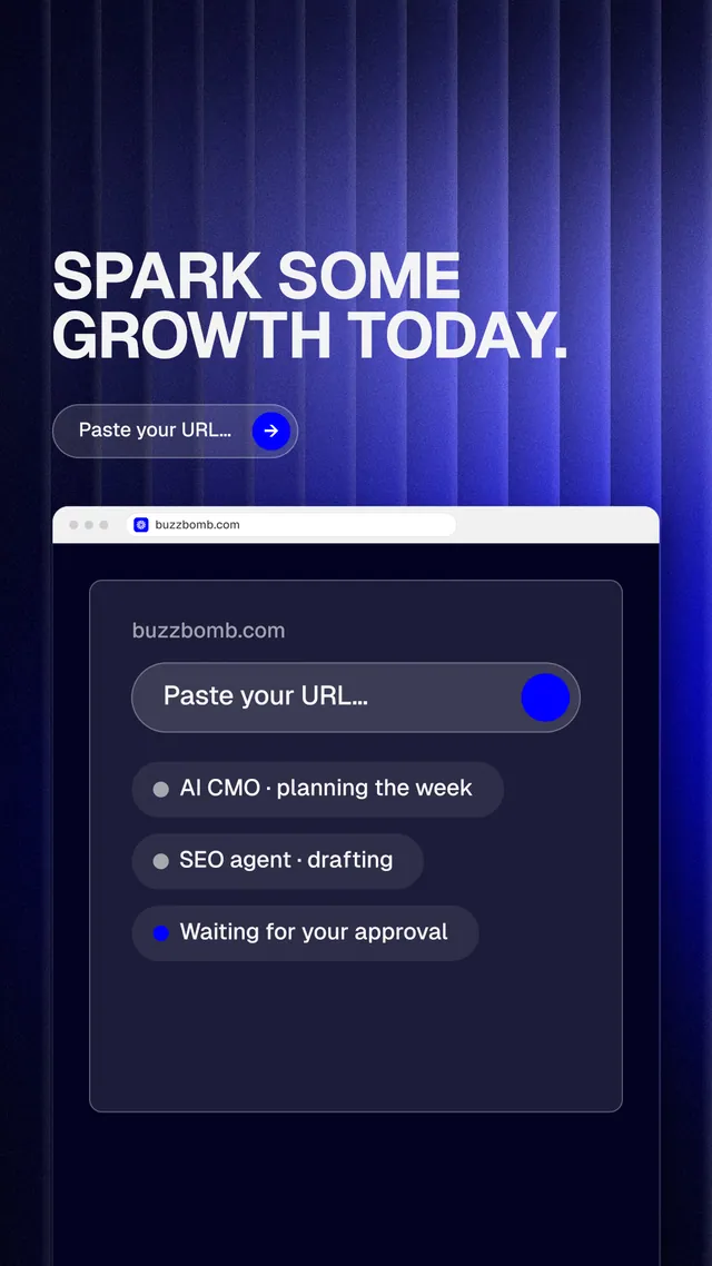 Instagram story for BuzzBomb: "Spark some growth today." Agentic glass style, browser layout, dark palette in blue, black.