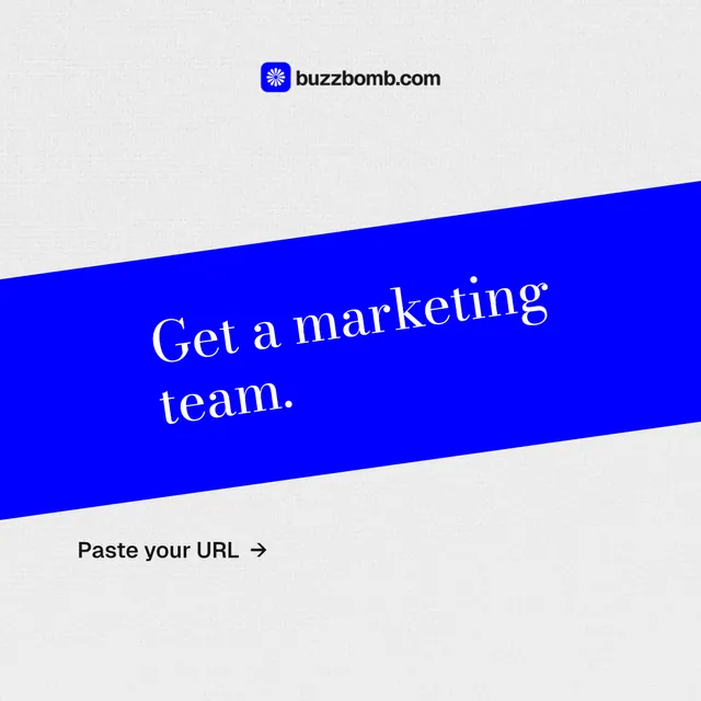 Instagram post for BuzzBomb: "Get a marketing team." Minimal luxury style, diagonal layout, light palette in blue, white.