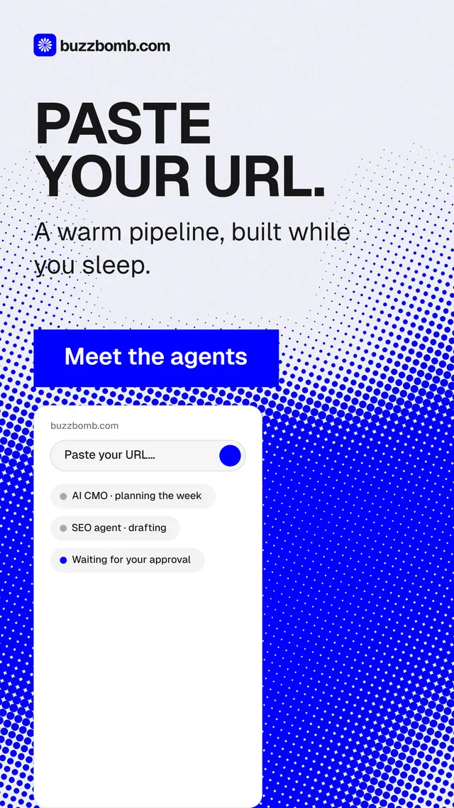 Instagram story for BuzzBomb: "Paste your URL." Swiss style, skeleton layout, light palette in white, blue.
