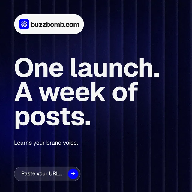 Instagram post for BuzzBomb: "One launch. A week of posts." Agentic glass style, announce layout, dark palette in black, grey, blue.