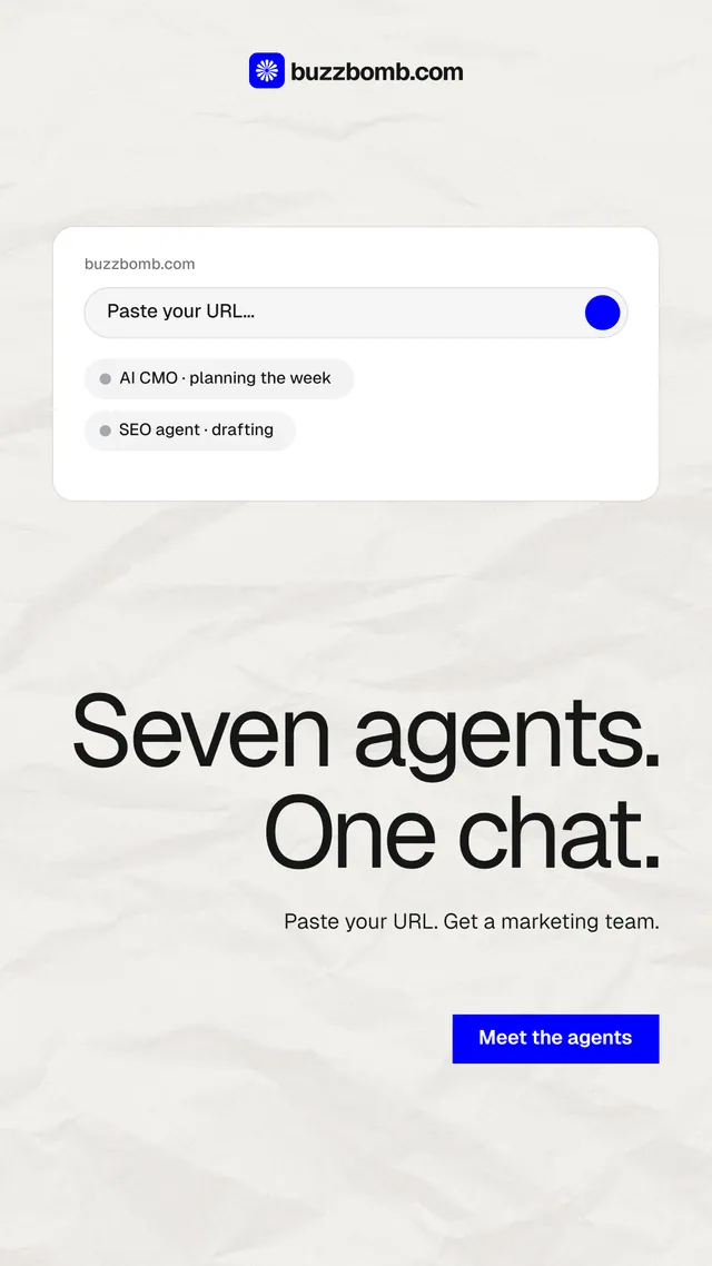 Instagram story for BuzzBomb: "Seven agents. One chat." Swiss style, right layout, light palette in white, grey.