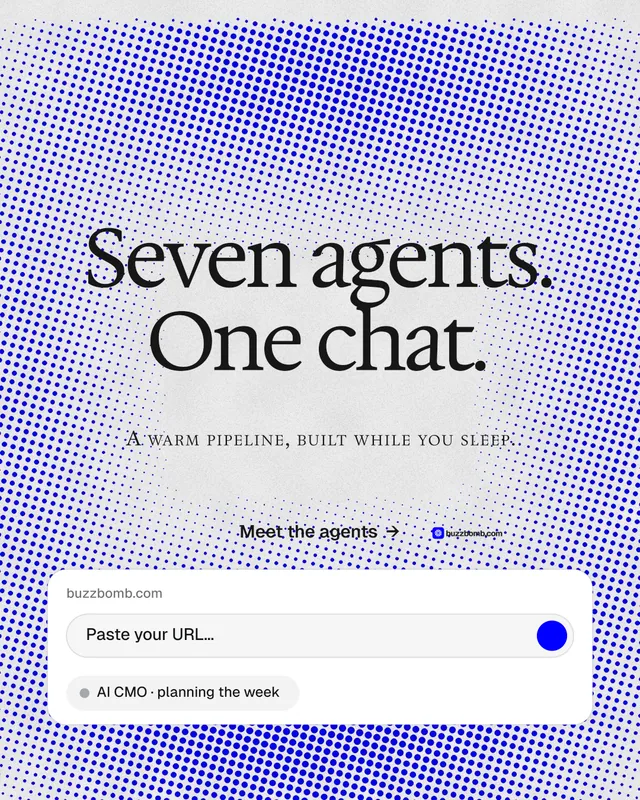 Instagram portrait post for BuzzBomb: "Seven agents. One chat." Swiss style, smallcaps layout, light palette in blue, white.