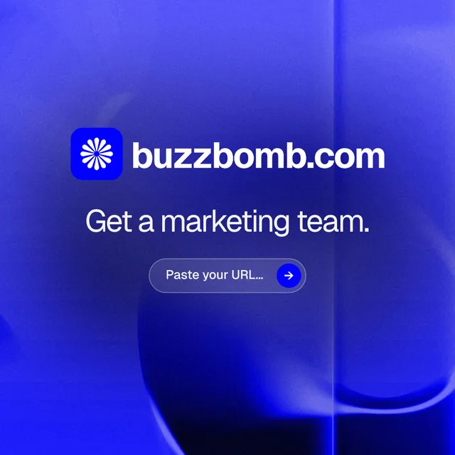 Instagram post for BuzzBomb: "Get a marketing team." Agentic glass style, logo hero layout, dark palette in blue.