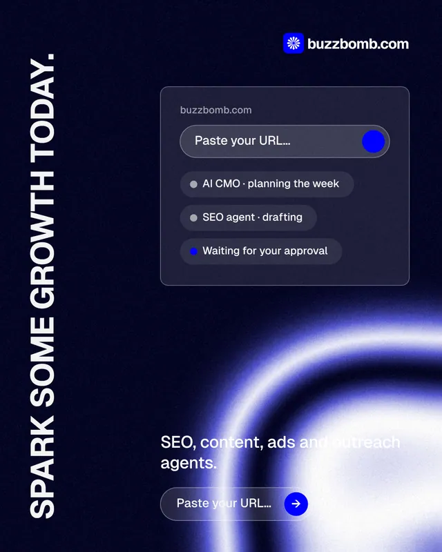 Instagram portrait post for BuzzBomb: "Spark some growth today." Agentic glass style, vertical layout, dark palette in black, blue.