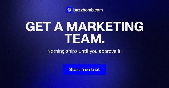 Social ad for BuzzBomb: "Get a marketing team." Swiss style, centred layout, dark palette in black, blue.