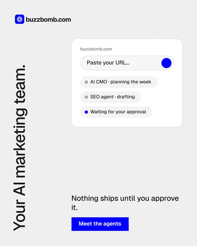 Instagram portrait post for BuzzBomb: "Your AI marketing team." Swiss style, vertical layout, light palette in white, blue.
