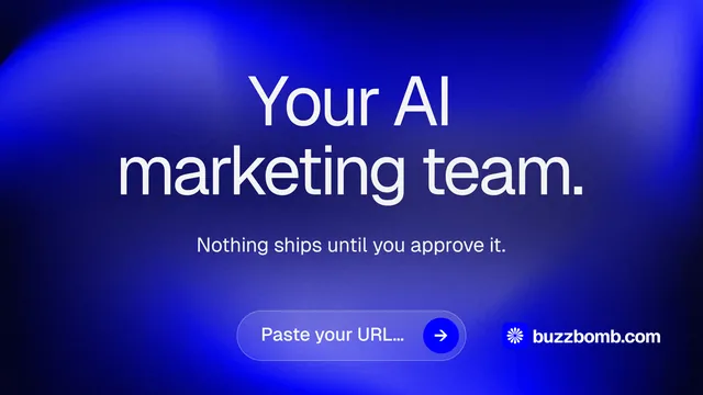 Landscape graphic for BuzzBomb: "Your AI marketing team." Agentic glass style, centred layout, dark palette in blue.