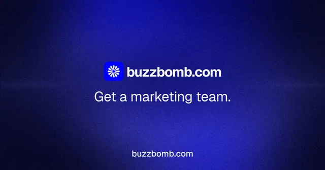 Social ad for BuzzBomb: "Get a marketing team." Agentic glass style, end card layout, dark palette in blue.