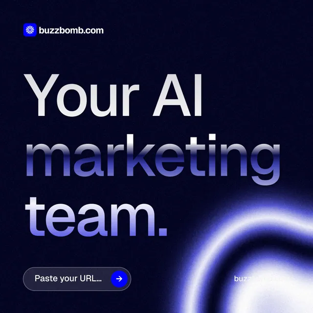 Instagram post for BuzzBomb: "Your AI marketing team." Agentic glass style, poster layout, dark palette in black, blue.