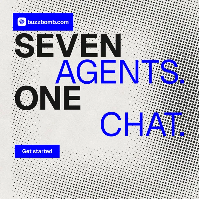 Instagram post for BuzzBomb: "Seven agents. One chat." Swiss style, stacked layout, light palette in grey, white, blue.