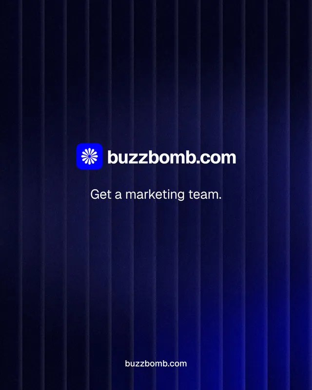 Instagram portrait post for BuzzBomb: "Get a marketing team." Agentic glass style, end card layout, dark palette in black, blue.