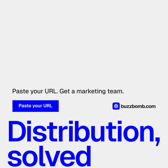 Instagram post for BuzzBomb: "One launch. A week of posts." Swiss style, oversized layout, light palette in white, blue.