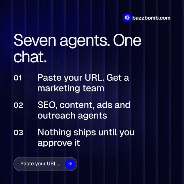 Instagram post for BuzzBomb: "Seven agents. One chat." Agentic glass style, numbered layout, dark palette in black, blue, grey.