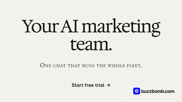 Landscape graphic for BuzzBomb: "Your AI marketing team." Swiss style, smallcaps layout, light palette in white, grey.
