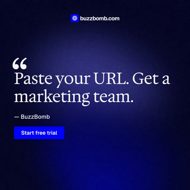 Instagram post for BuzzBomb: "Seven agents. One chat." Swiss style, quote layout, dark palette in black, blue.