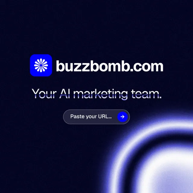 Instagram post for BuzzBomb: "Your AI marketing team." Agentic glass style, logo hero layout, dark palette in black, blue.