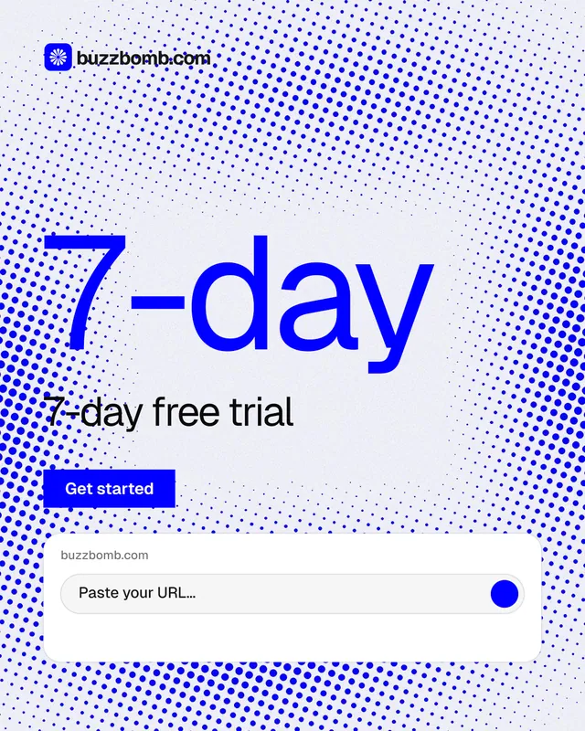 Instagram portrait post for BuzzBomb: "Your AI marketing team." Split block style, stat layout, light palette in blue, white.