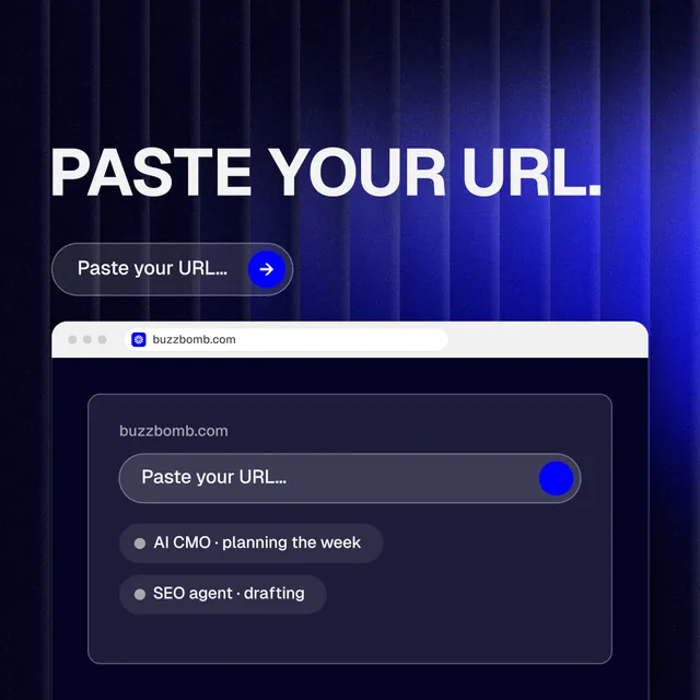 Instagram post for BuzzBomb: "Paste your URL." Agentic glass style, browser layout, dark palette in black, blue, grey.