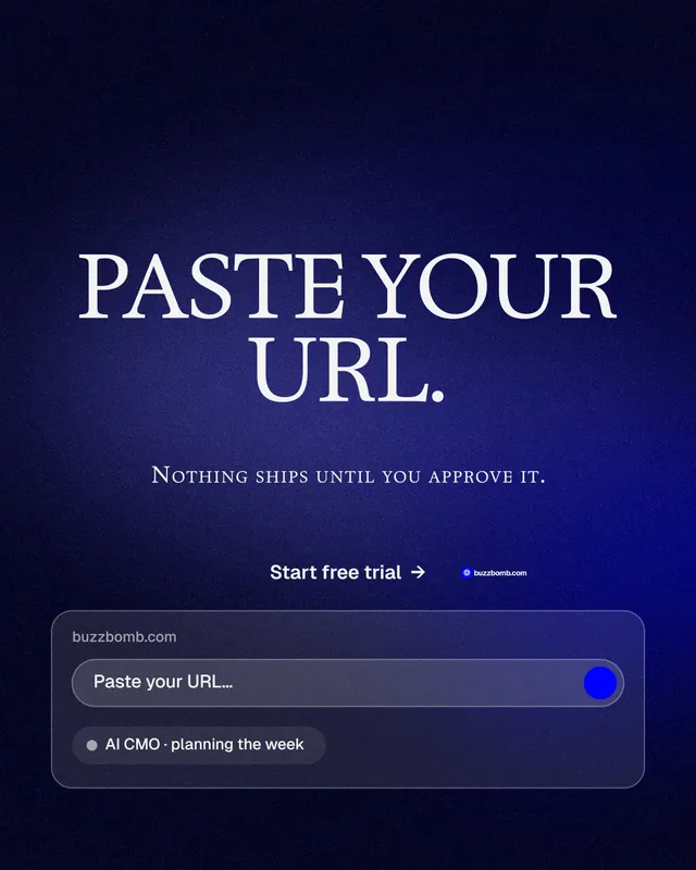 Instagram portrait post for BuzzBomb: "Paste your URL." Swiss style, smallcaps layout, dark palette in black, blue.