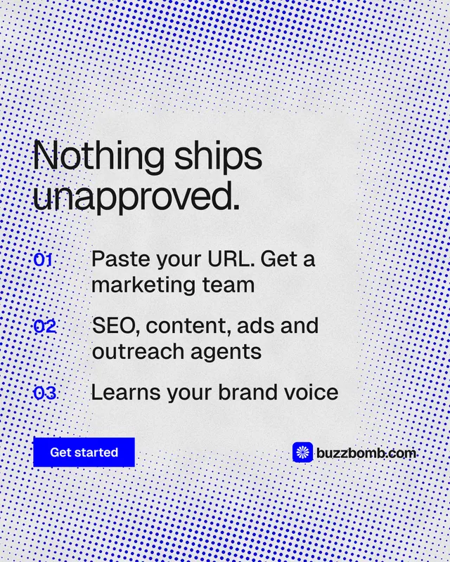 Instagram portrait post for BuzzBomb: "Nothing ships unapproved." Swiss style, numbered layout, light palette in blue, white.