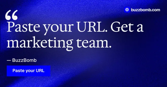 Social ad for BuzzBomb: "Nothing ships unapproved." Swiss style, quote layout, dark palette in blue.