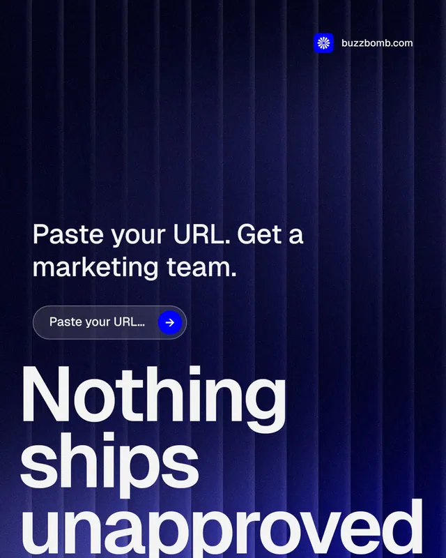Instagram portrait post for BuzzBomb: "Nothing ships unapproved." Agentic glass style, oversized layout, dark palette in black, blue, grey.