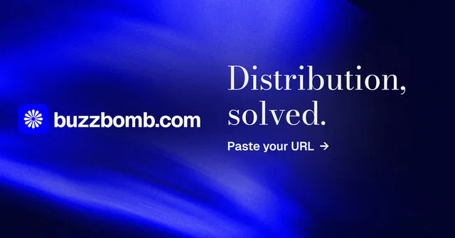 Social ad for BuzzBomb: "Distribution, solved." Minimal luxury style, logo hero layout, dark palette in black, blue.