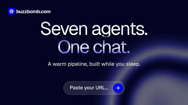 Landscape graphic for BuzzBomb: "Seven agents. One chat." Agentic glass style, centred layout, dark palette in black, blue.