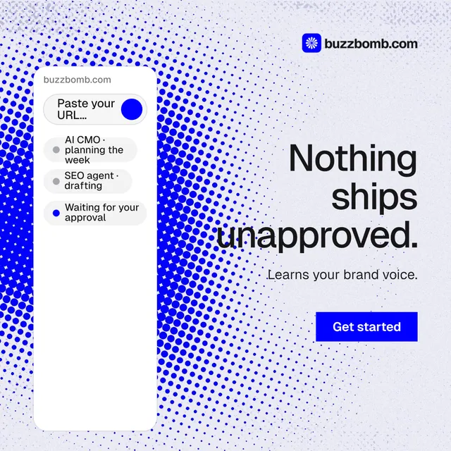 Instagram post for BuzzBomb: "Nothing ships unapproved." Swiss style, right layout, light palette in white, blue.