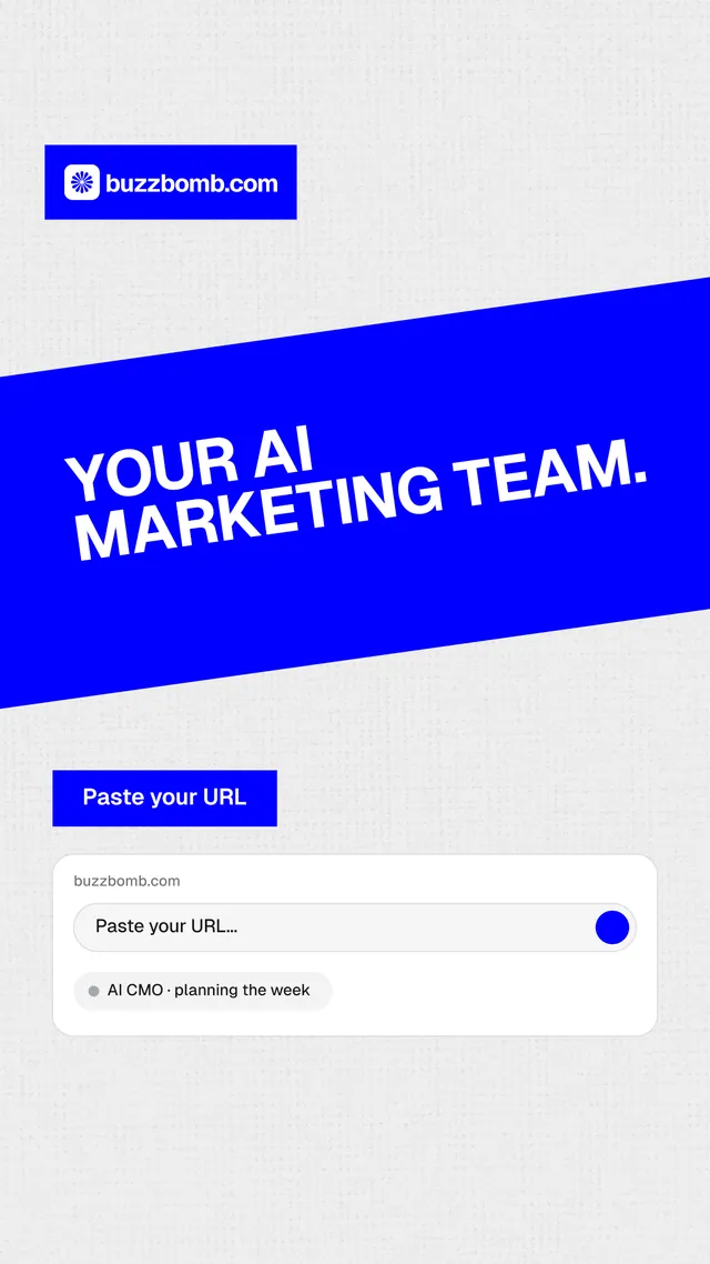 Instagram story for BuzzBomb: "Your AI marketing team." Swiss style, diagonal layout, light palette in white, blue.