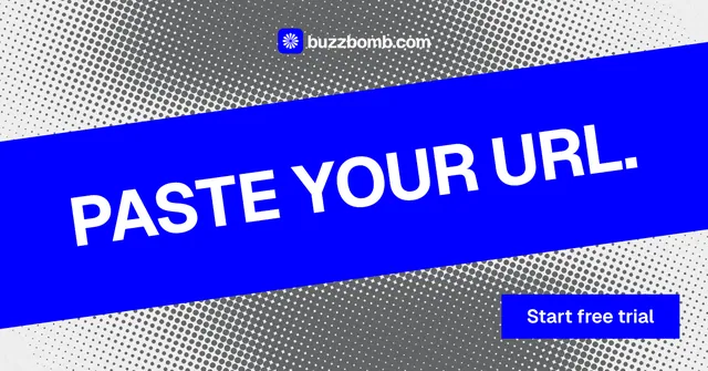 Social ad for BuzzBomb: "Paste your URL." Swiss style, diagonal layout, dark palette in blue, grey, white.