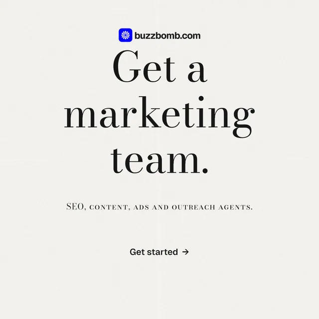 Instagram post for BuzzBomb: "Get a marketing team." Minimal luxury style, smallcaps layout, light palette in white.