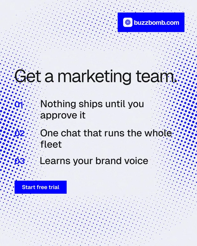 Instagram portrait post for BuzzBomb: "Get a marketing team." Swiss style, numbered layout, light palette in white, blue.