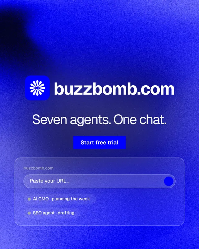 Instagram portrait post for BuzzBomb: "Seven agents. One chat." Swiss style, logo hero layout, dark palette in blue.