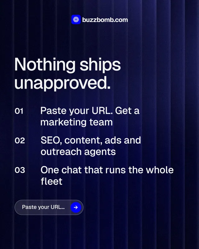 Instagram portrait post for BuzzBomb: "Nothing ships unapproved." Agentic glass style, numbered layout, dark palette in black, blue, grey.